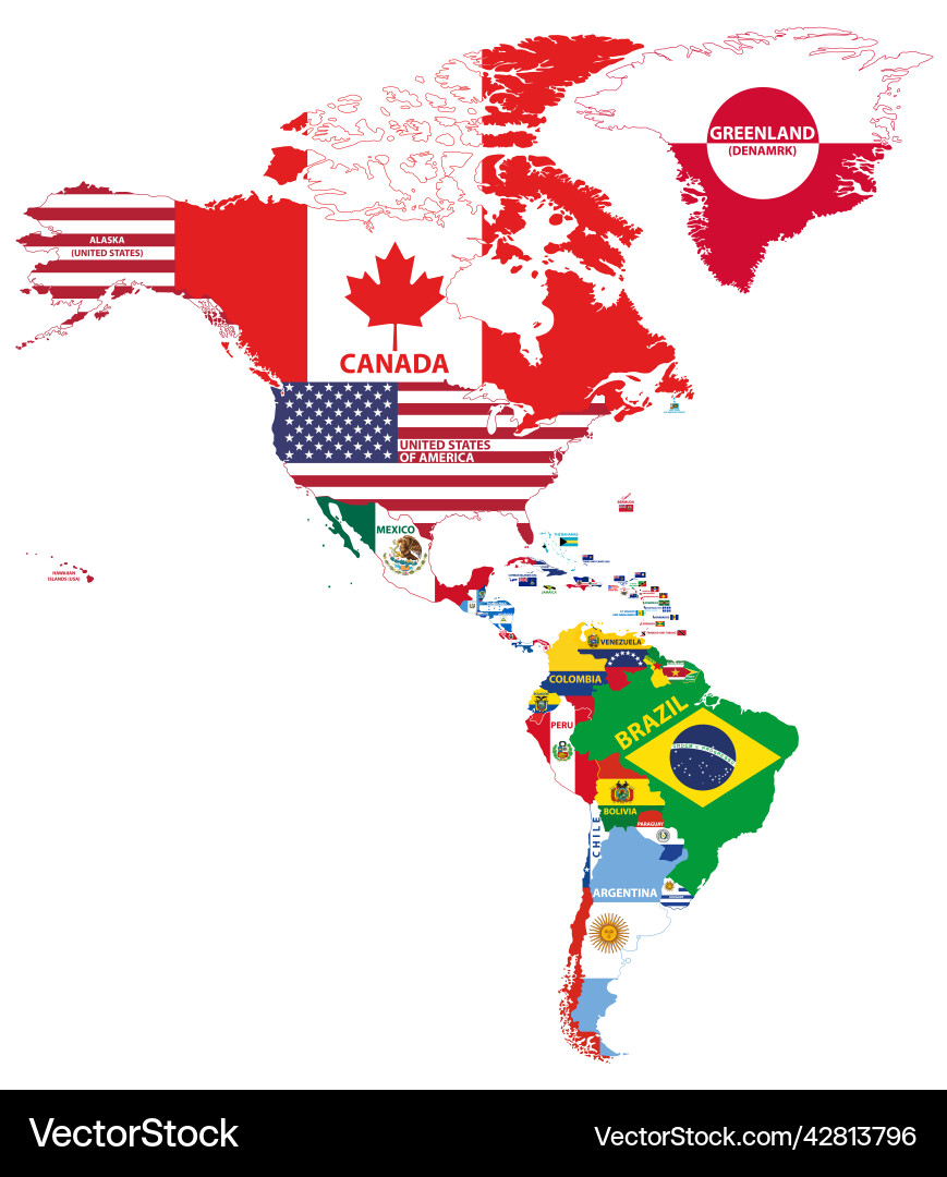 North and south america map combined with flags Vector Image